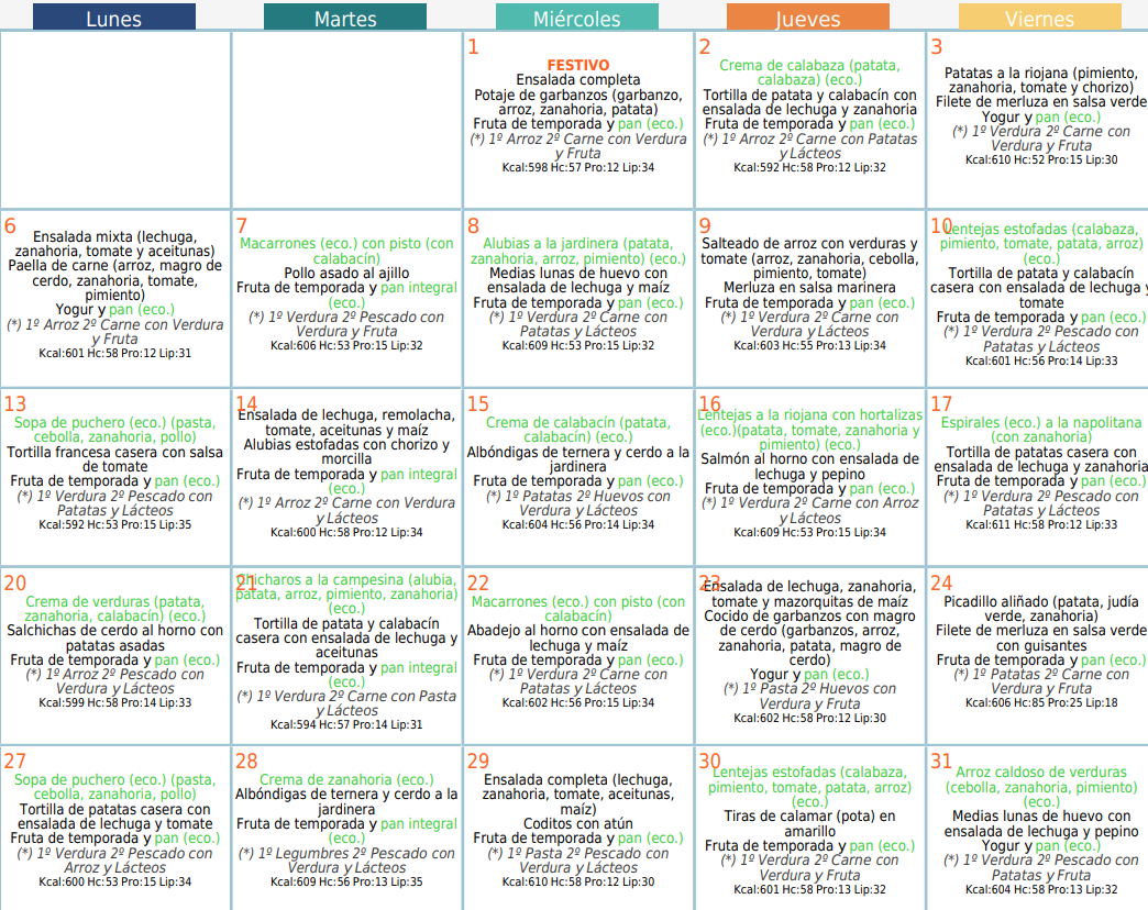 Calendario comedor